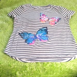 Wonder Nation Girls Butterfly Black Stripped Short Sleeve T-Shirt L